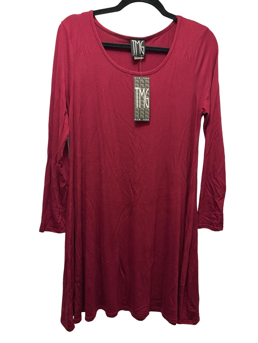 TMG New York Wine Burgundy Long Sleeve Knit Dress L Scoop Neck